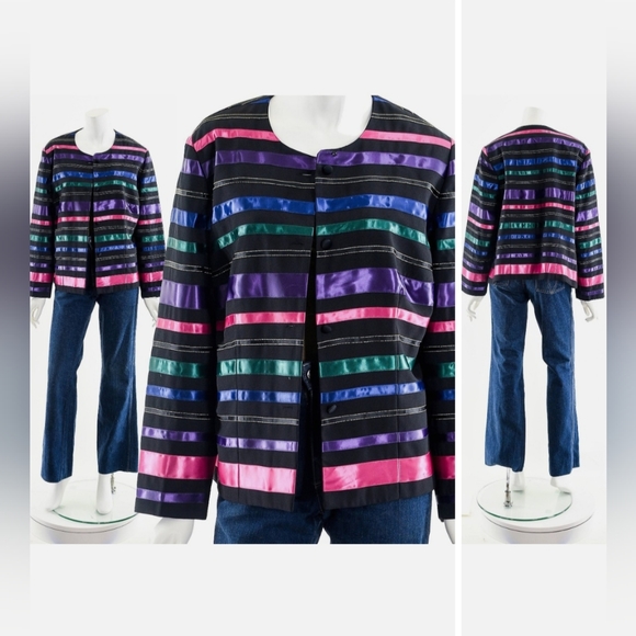 🥰TALBOTS 4 BLAZER DRESSY JACKET BLACK RAINBOW SATIN RIBBON STRIPE GOLD THREAD - Picture 2 of 11